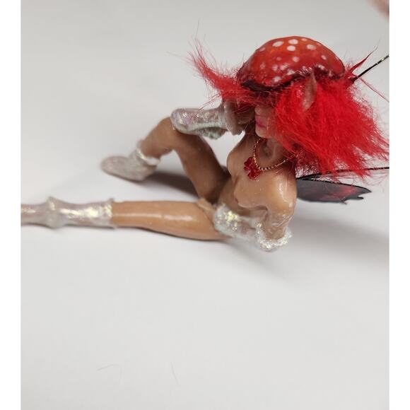 OOAK hand Crafted Sitting Fairy With Red Butterfly Wings And Mushroom Hat - Picture 7 of 12